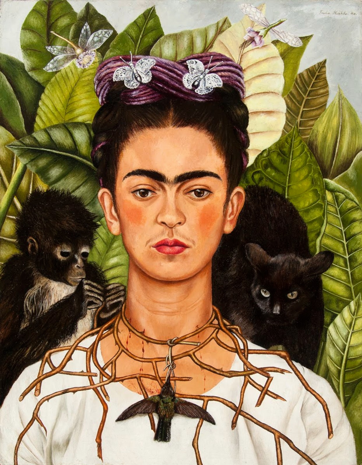 Untitled (Self-portrait with thorn necklace and hummingbird)